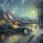 Tranquil fantasy landscape with old stone bridge, intricate trees, and quaint cottage in twilight hues