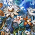 Whimsical illustration of blooming flowers, bees, pocket watches, starry sky, and tree