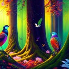 Colorful digital art: Glowing cosmic birds in neon forest