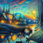 Fantasy landscape with lantern-like house, lake, boats, trees, two moons, twilight sky,