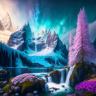 Fantastical landscape with floating islands, castle, and celestial bodies