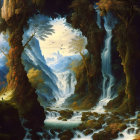 Fantastical landscape with lush trees, waterfalls, and a large moon