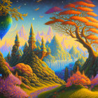 Fantasy landscape: floating islands, colorful trees, glowing pathway, twin moons
