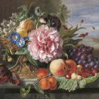 Colorful Still Life Painting with Fruits and Flowers