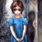 Stylized illustration of girl with oversized eyes in blue dress in eerie forest