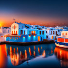 Colorful sunset scene with blue houseboat and small boat on calm waters