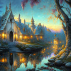 Enchanting fantasy landscape with palace, lanterns, pond, and magical tree