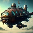 Intricate steampunk airship over misty mountains at dusk