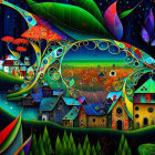 Fantastical cityscape with ornate buildings and cosmic elements