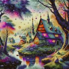 Colorful village painting with illuminated sky and serene river