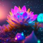 Colorful Digital Art: Neon-Pink Lotus Flower in Fantasy Foliage