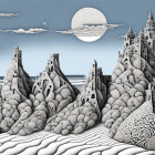 Surreal snowy landscape with multi-tiered castles under full moon