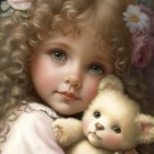 Young child with curly hair and blue eyes holding a teddy bear in digital painting