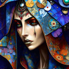 Colorful digital artwork: Surreal female face with intricate feather and celestial motifs