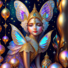 Illustration of ethereal being with butterfly wings and golden attire