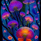 Colorful psychedelic art: Mushrooms, flowers, and intricate patterns on dark backdrop.