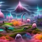 Fantasy landscape with castles, moons, mountains, and reflective water