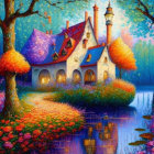 Colorful Cottage Painting with Trees, Flowers, and Moonlit Sky