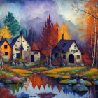 Colorful autumn village with whimsical houses under a night sky