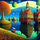 Colorful fantasy landscape with whimsical houses, detailed tree, and starry sky