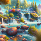 Surreal landscape with stylized flora, undulating terrains, and birds over a tranquil river