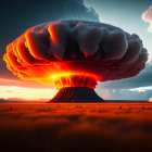 Majestic mushroom cloud over desert landscape at sunset