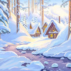 Snow-covered cottages, icy river, frosty trees in serene winter scene