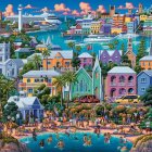 Colorful landscape painting with stylized houses, lush flora, winding paths, river, boat, and