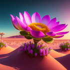 Colorful Flower in Surreal Landscape with Smooth Shapes and Twilight Sky