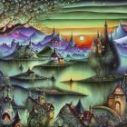 Colorful painting of magical village under starry night sky