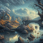 Tranquil fantasy landscape with river, bridge, houses, trees, and crescent moon