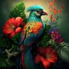 Colorful bird with blue crest in vibrant floral setting and butterfly.