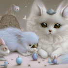 Fluffy cat-like creatures with horns in lilac and cream, amidst butterflies and glowing orbs in enchanted