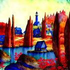 Vibrant illustration of seaside village with lighthouse, autumn trees, and cliffs