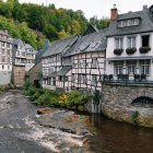 Traditional Riverside Village: Adorned Houses, Floating Boats, Sunlit Trees