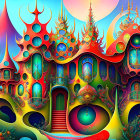 Vibrant painting of whimsical building in fantastical landscape