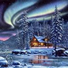 Vibrant fantasy landscape with colorful sky and snow-covered buildings