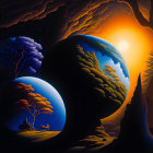 Surrealist landscape with floating globes and couple under twilight sky