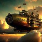 Steampunk airship with intricate details soaring over cloud-covered landscape at sunset.