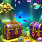 Ornate treasure chest and jewels underwater with bubbles and coral