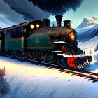 Vintage Train on Snow-Covered Tracks at Night