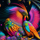 Colorful Fantasy Birds with Ornate Feathers on Black Background