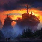 Surreal landscape with wavy cliffs, castle, sunset, water, forest