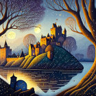 Enchanted castle in serene fantasy landscape