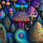 Colorful psychedelic fantasy landscape with mushroom-like structures and rainbow arches