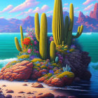 Colorful desert island scene with cacti, flowers, sea, mountains, and cloudy sky