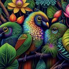 Vividly Colored Birds Among Lush Green Foliage