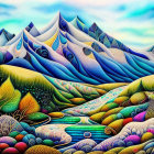 Colorful Psychedelic Landscape Art: Stylized Mountains and Patterned Hills