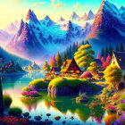 Colorful surreal landscape with peacock and fantastical creatures