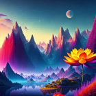 Fantasy landscape with castle, forest, river, moon, and flower